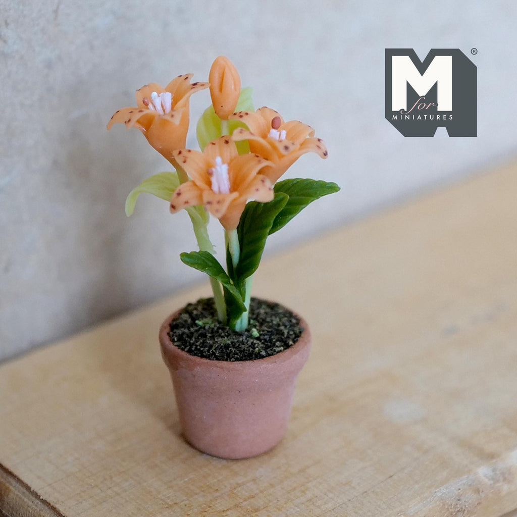 Miniature Clay Planter Orange Stargazer Lily 1:12 Scale Dollhouse Potted Foliage Miniature Flowers 1-7/16 inch tall - H031