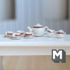 1:12 scale miniature ceramic tea set with 4 cups and saucers, set of 11, white with red rim, teapot, creamer and sugar bowl
