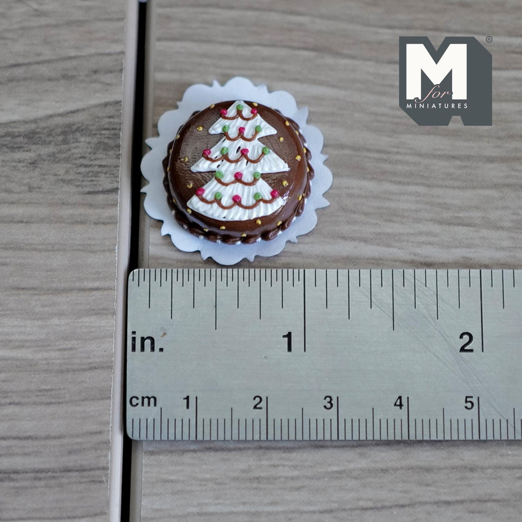 Miniature Christmas Tree Cake 1:12 Scale Dollhouse Festive Dessert Chocolate Cake 7/8 inch dia. (brown) - D025