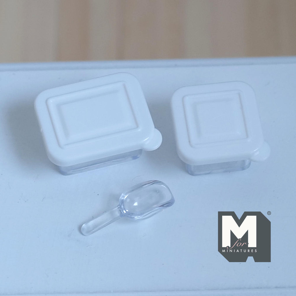 Miniature Plastic Food Containers with Lids and Scoop 1:12 Scale Dollhouse Kitchen Accessories Set of 3 - H016
