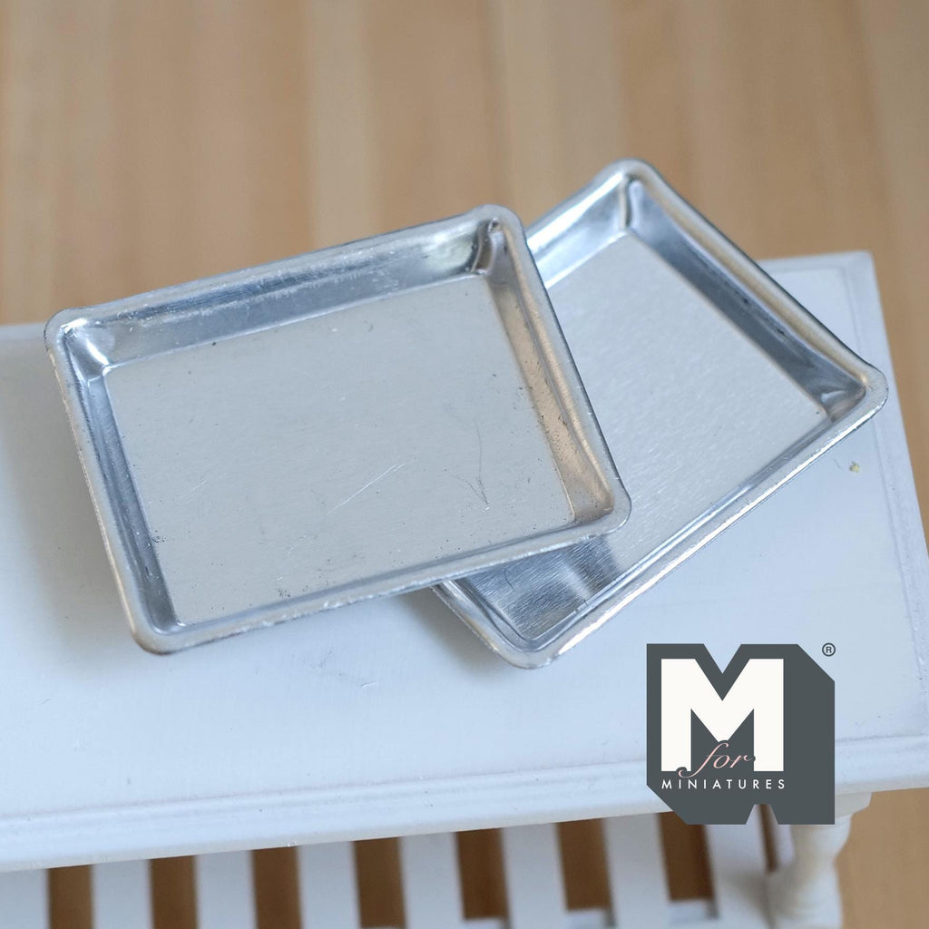 Miniature Aluminum Baking Pans 1:12 Dollhouse Kitchen Accessories Bakery Trays 2 Piece Set 2-1/16 inch long - F028