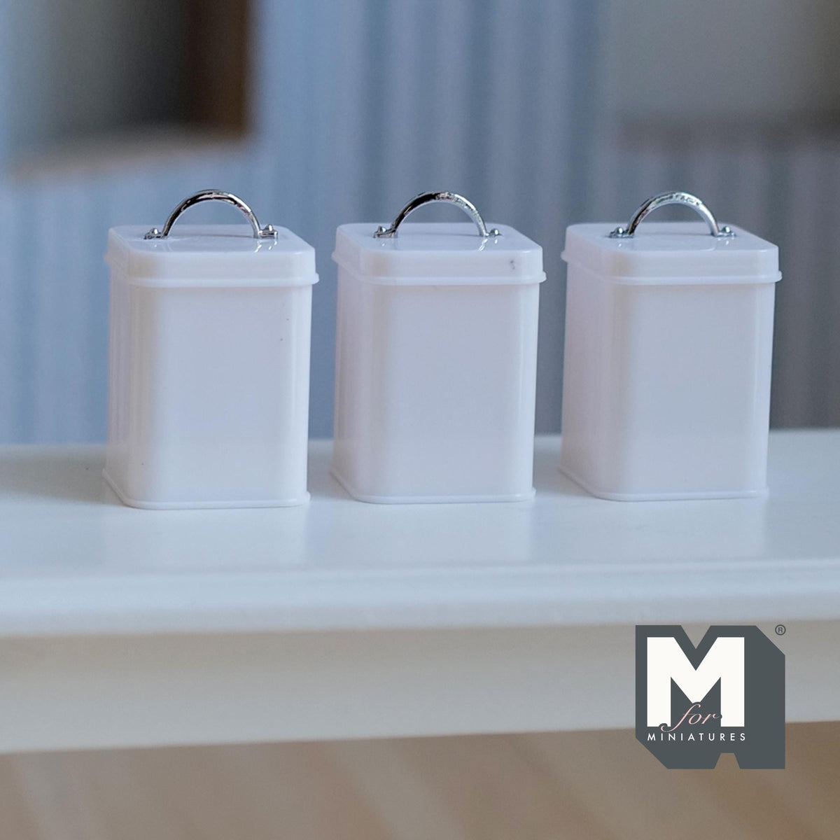 Miniature Canisters with Customizable Vinyl Labels 1:12 Scale Dollhouse Kitchen Storage Jars Set of 3 , 1-1/8 inch tall (white) - G012