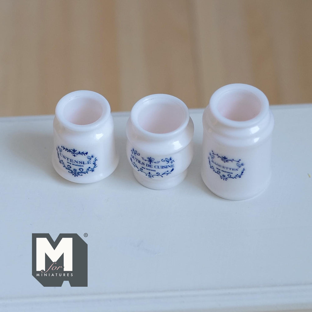 3-Piece Miniature French Kitchen Canister Set 1:12 Scale Dollhouse Accessories Large Size Ceramic Style Jars 11/16 inch dia. (white) - G012