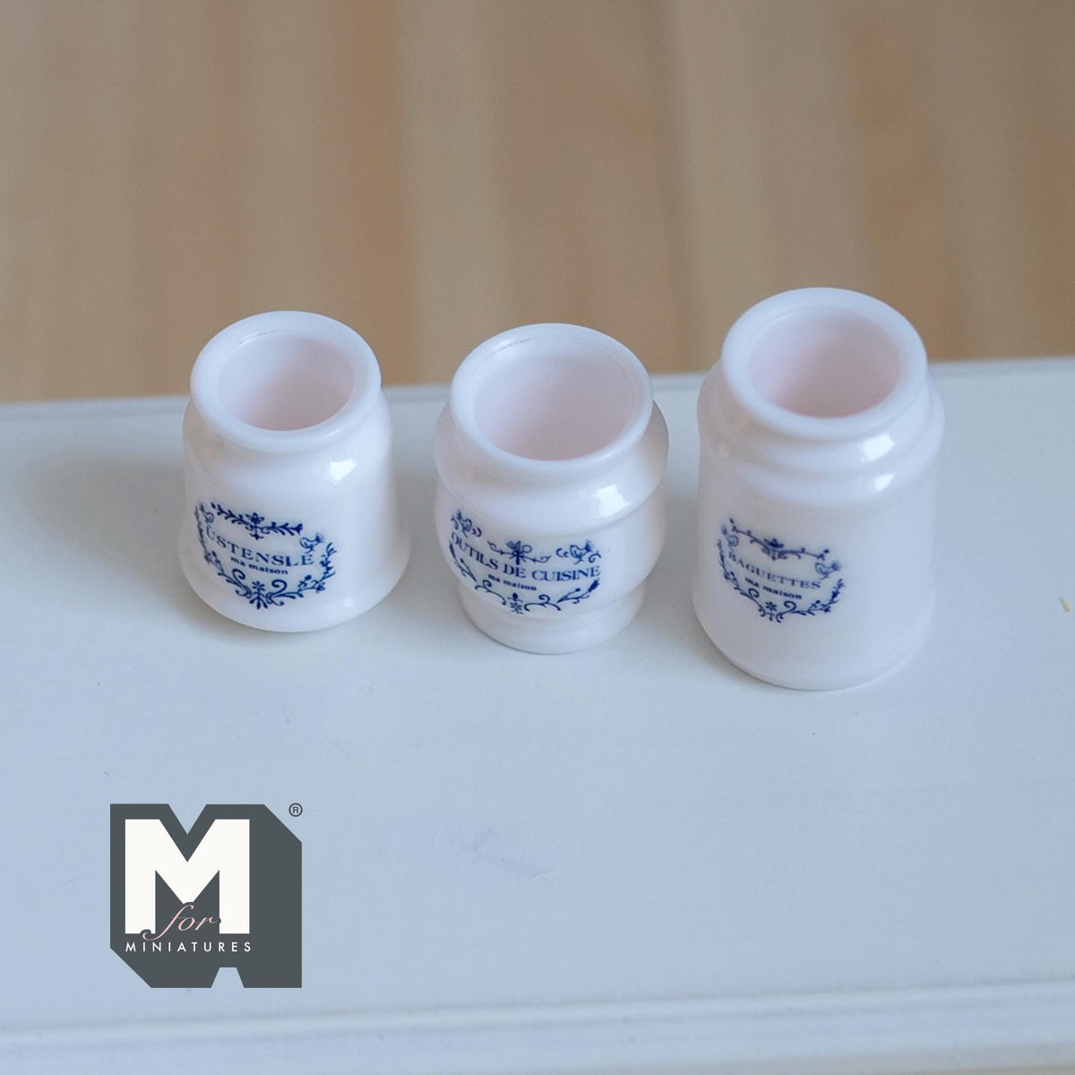 3-Piece Miniature French Kitchen Canister Set 1:12 Scale Dollhouse Accessories Large Size Ceramic Style Jars 11/16 inch dia. (white) - G012