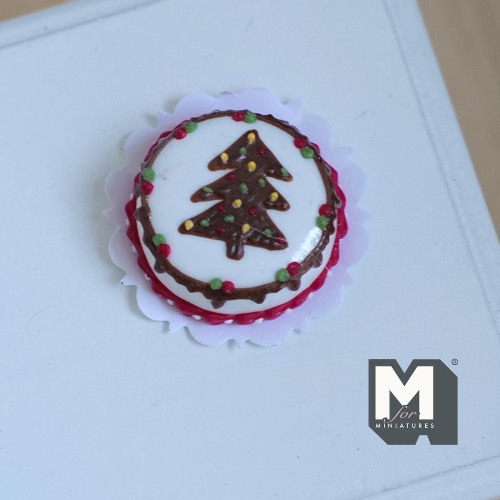 Miniature Christmas Tree Cake 1:12 Scale Dollhouse Festive Dessert Chocolate Cake 7/8 inch dia. (white) - D025