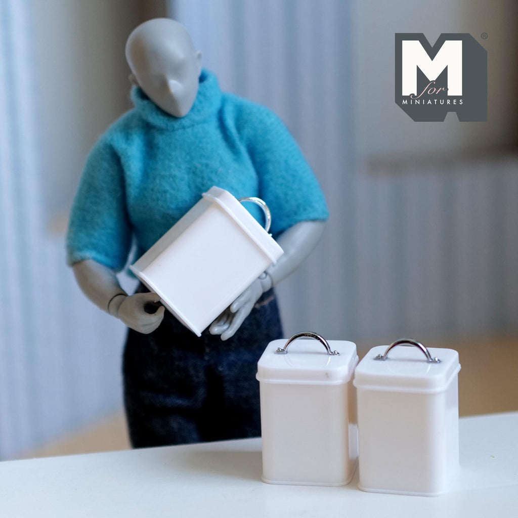 Miniature Canisters with Customizable Vinyl Labels 1:12 Scale Dollhouse Kitchen Storage Jars Set of 3 , 1-1/8 inch tall (white) - G012
