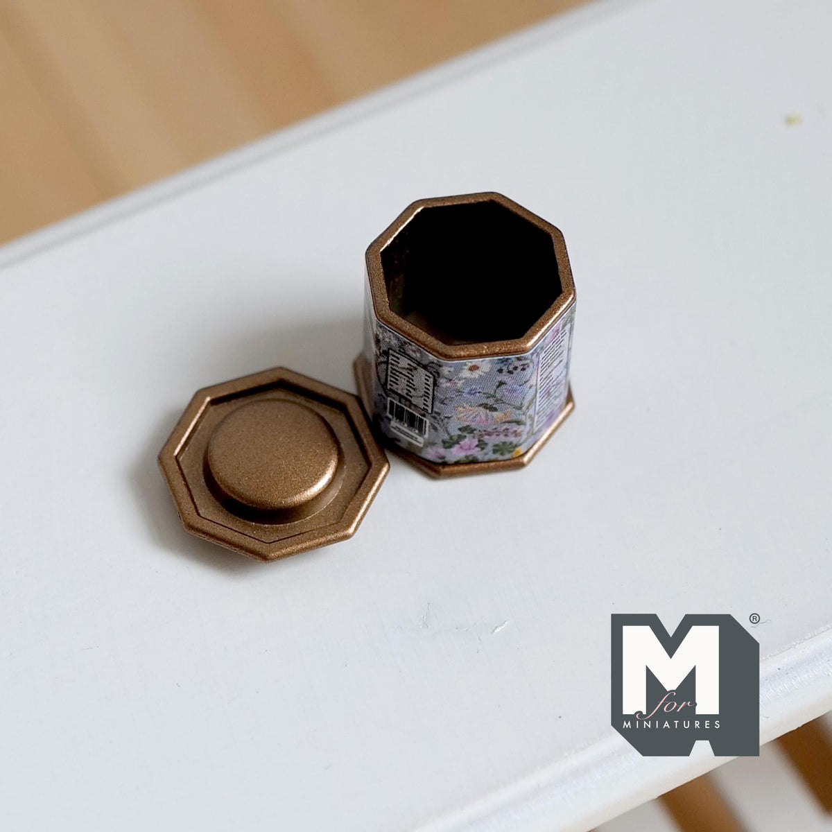 Miniature Tea Tin 1:12 Scale Dollhouse Kitchen Octagonal Floral Canister with Removable Lid 11/16 inch dia. (light blue floral) - H024