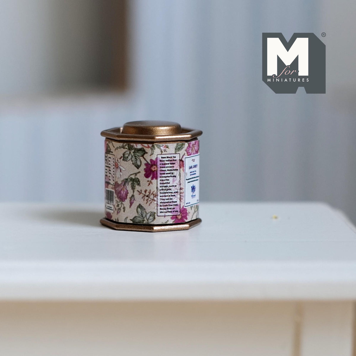Miniature Tea Tin 1:12 Scale Dollhouse Kitchen Octagonal Floral Canister with Removable Lid 11/16 inch dia. (beige floral) - H024