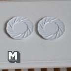 1:12 scale miniature swirl rim dinner plates in white, large, set of 2, spiral fluted edge, shown on a white table