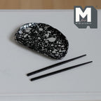 1:12 scale miniature sushi plate with chopsticks and chopstick rest, set of 3, black plate with white speckles