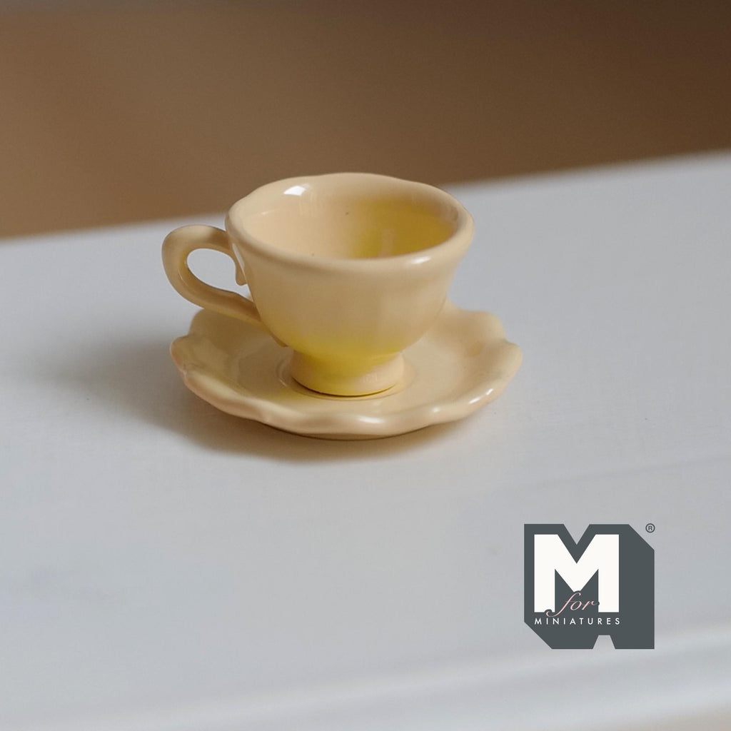 Miniature Coffee Cup and Scallop Saucer Set 1:12 Scale Dollhouse Tea Cup Drinkware Set of 2 (yellow) (metal) - F074