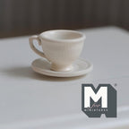 1:12 scale miniature tea cup and saucer in white, set of 2, flared cup with handle on a plain round saucer