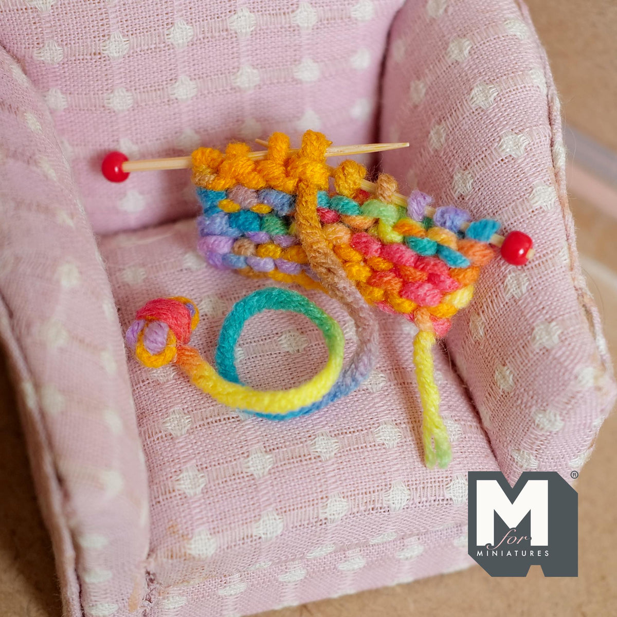Miniature Knitting Rainbow Yarn and Needles 1:12 Scale Working Yarn and Wood Needles - C042