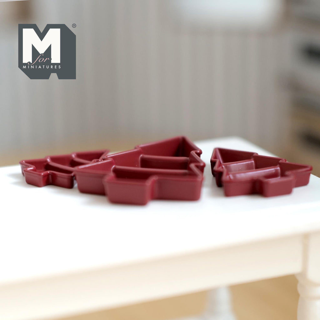 Miniature Christmas Tree Shaped Trays,  1:12 Scale Dollhouse Christmas Accessories Set of 3 (deep red) (metal) - G067