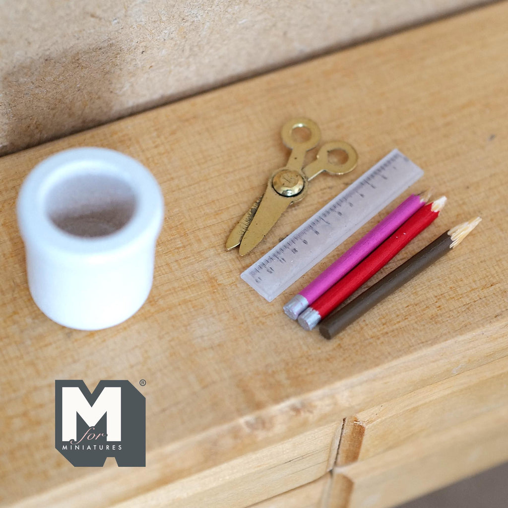 1:12 Scale Miniature Stationery Set, Dollhouse Desk Organizer with Pencils Scissors Ruler, 1 Inch Scale Office Supplies - C036