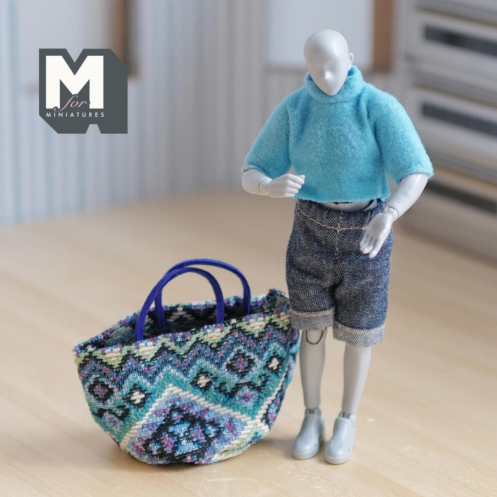 Miniature Woven Laundry Bag 1:12 Scale Geometric Patter Tote Bag 2-3/4 inch wide - C043