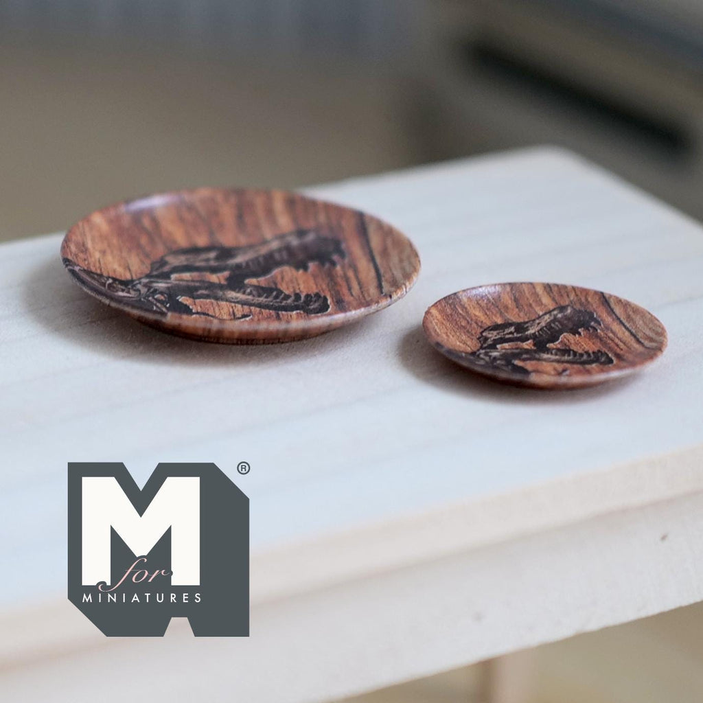 Miniature Dinosaur Skull Plates Set - Faux Wood T-Rex Fossil Dishes - Tiny Plastic Tableware 2 Piece Set (plastic) - B048