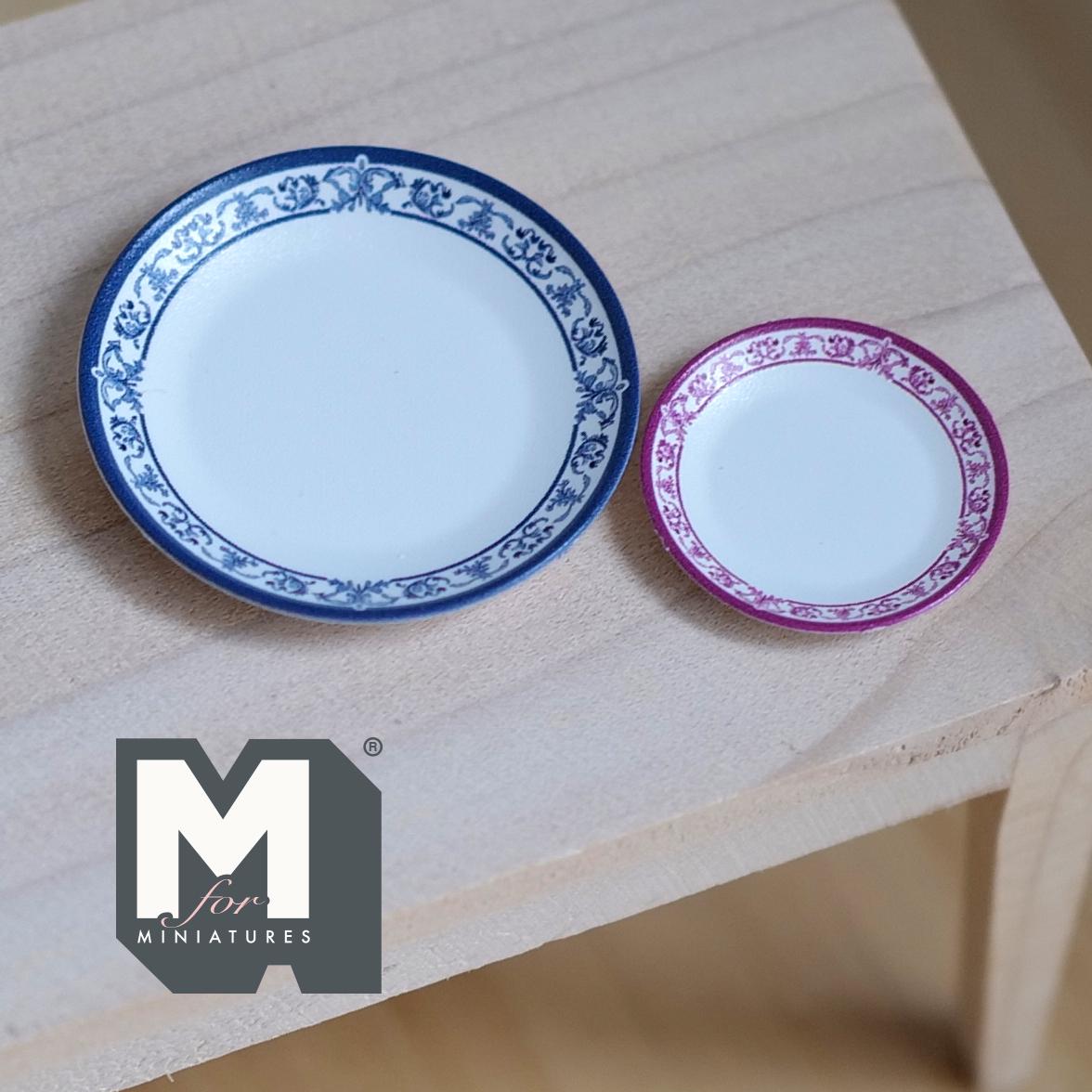 Miniature Blue and Purple Floral Plates Set 1:12 Scale Dollhouse Kitchenware Vintage Style Dishes Fine China Tableware (plastic) - B048