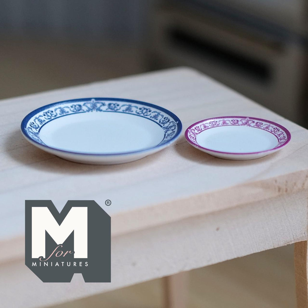 Miniature Blue and Purple Floral Plates Set 1:12 Scale Dollhouse Kitchenware Vintage Style Dishes Fine China Tableware (plastic) - B048