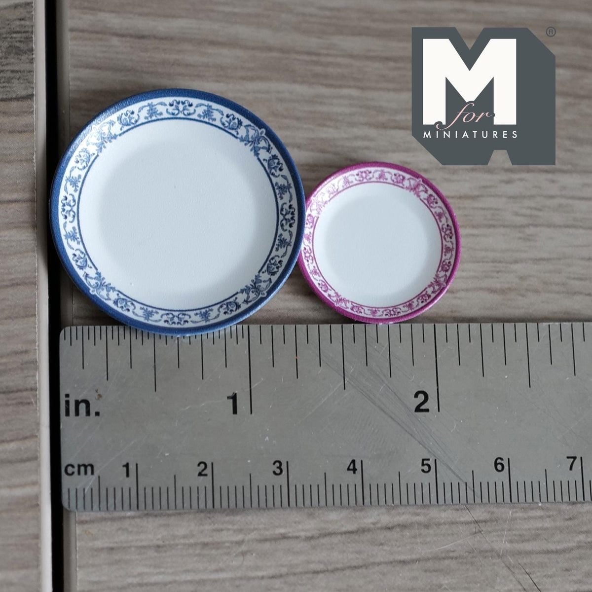 Miniature Blue and Purple Floral Plates Set 1:12 Scale Dollhouse Kitchenware Vintage Style Dishes Fine China Tableware (plastic) - B048