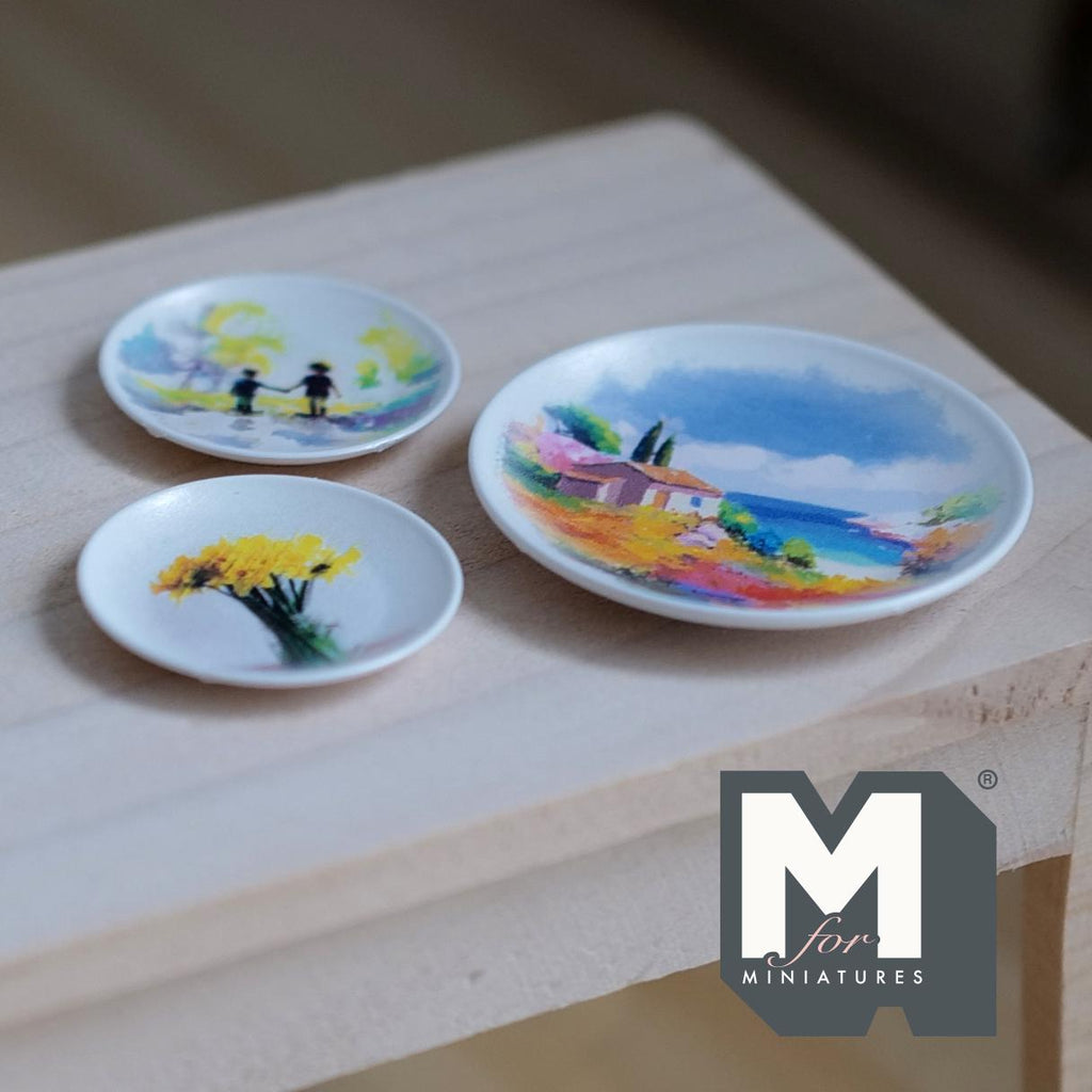Dollhouse Watercolor Art Dishes 1:12 Scale Miniature Decorative Plates 3 Piece Set - B048