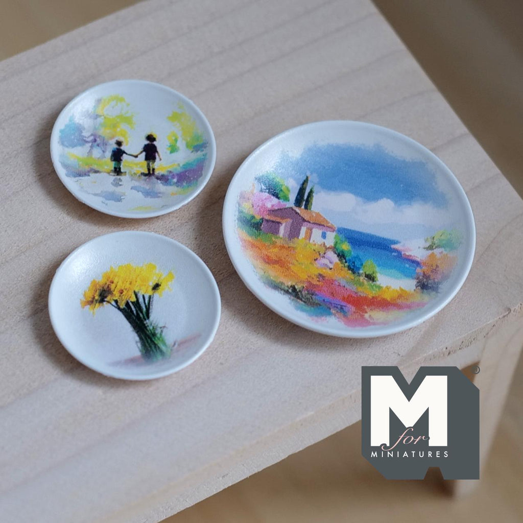 Dollhouse Watercolor Art Dishes 1:12 Scale Miniature Decorative Plates 3 Piece Set - B048