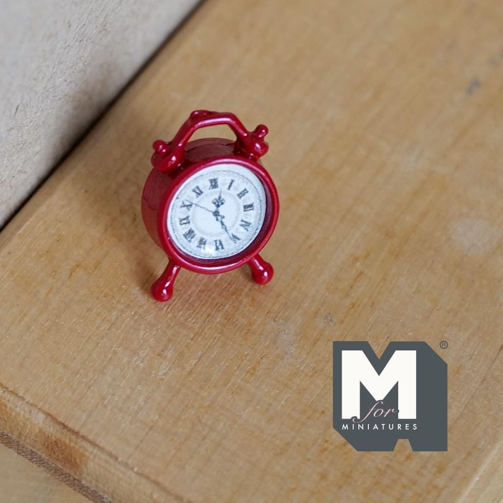 Miniature Red Alarm Clock Twin Bell 1:12 Scale Dollhouse Supplies Bell Clock 5/8 inch tall (metal) - B052