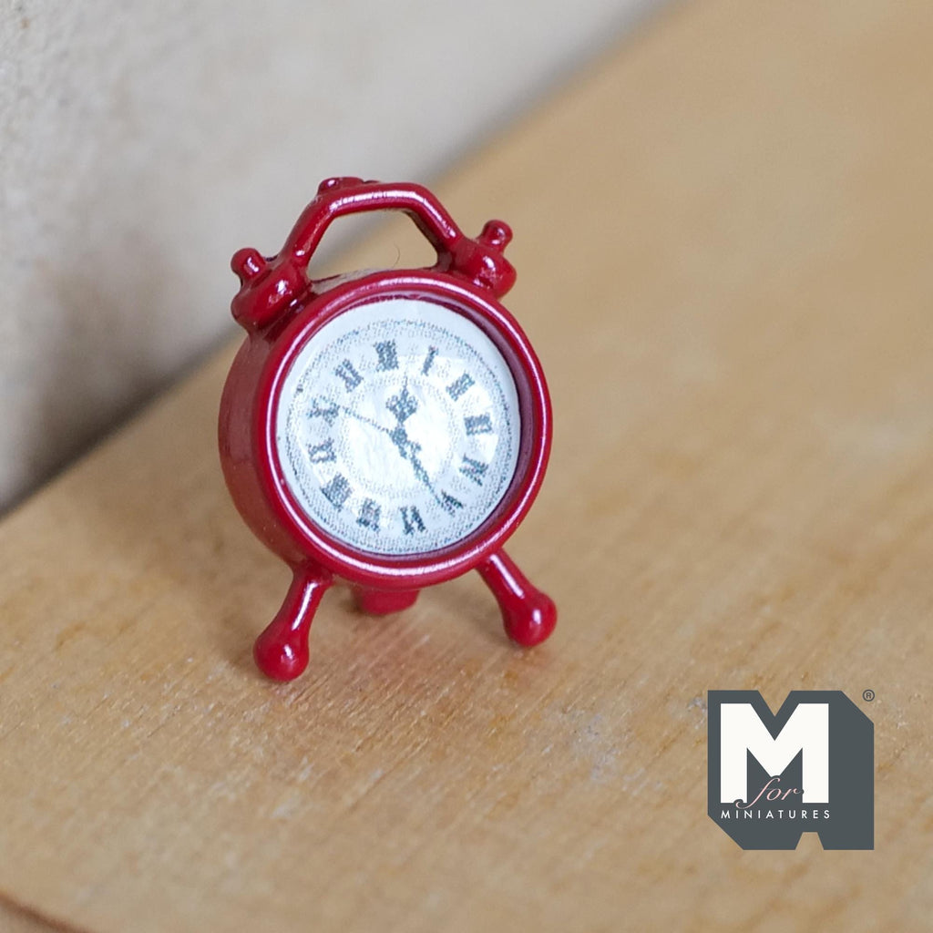 Miniature Red Alarm Clock Twin Bell 1:12 Scale Dollhouse Supplies Bell Clock 5/8 inch tall (metal) - B052