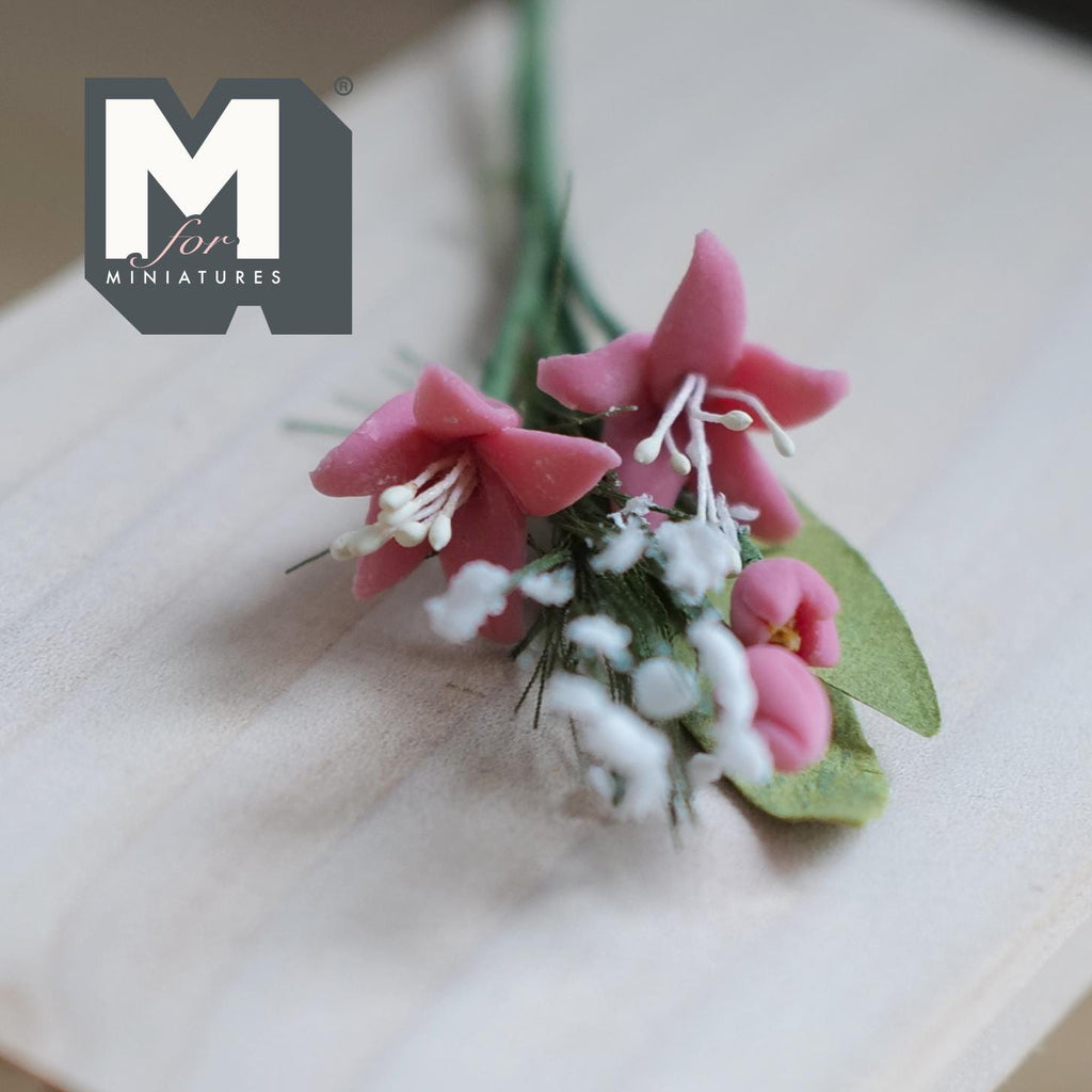 1:12 Scale Miniature Pink Flower Bunch with White Filler, Flower Stem for Fairy Garden and Diorama, 3-15/16 inch long