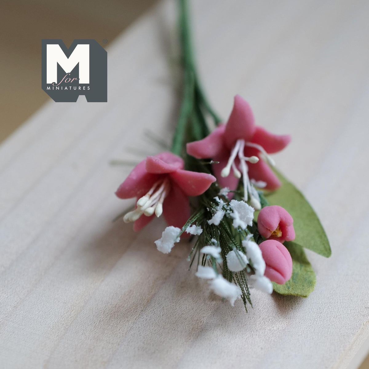 1:12 Scale Miniature Pink Flower Bunch with White Filler, Flower Stem for Fairy Garden and Diorama, 3-15/16 inch long