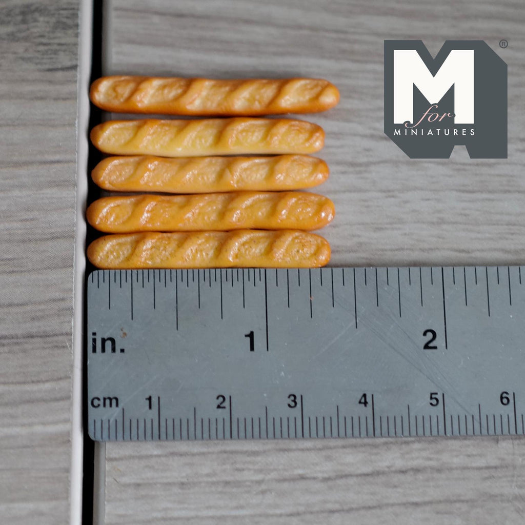 Miniature Baguette 1:12 Scale Dollhouse Breakfast Bakery Decor Long French Bread Loaf Set of 5 , 1-5/8 inch long - E048
