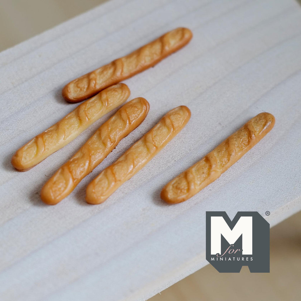 Miniature Baguette 1:12 Scale Dollhouse Breakfast Bakery Decor Long French Bread Loaf Set of 5 , 1-5/8 inch long - E048