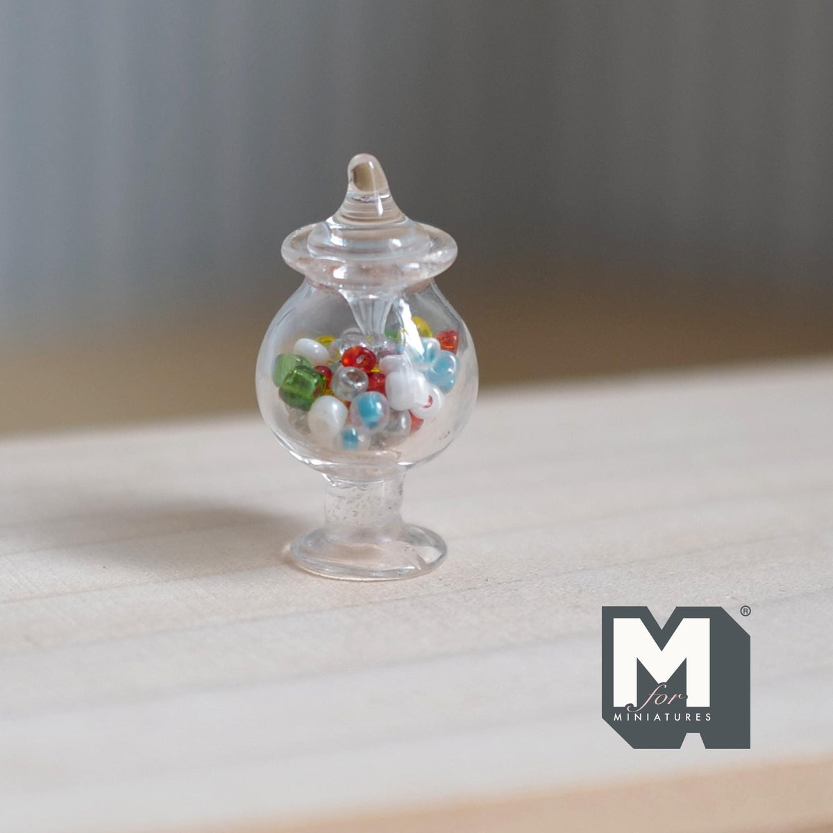 Miniature Glass Jar with Gumballs 1:12 Scale Dollhouse Kitchen Decor 1-1/16 inch tall (fixed lid) - E055