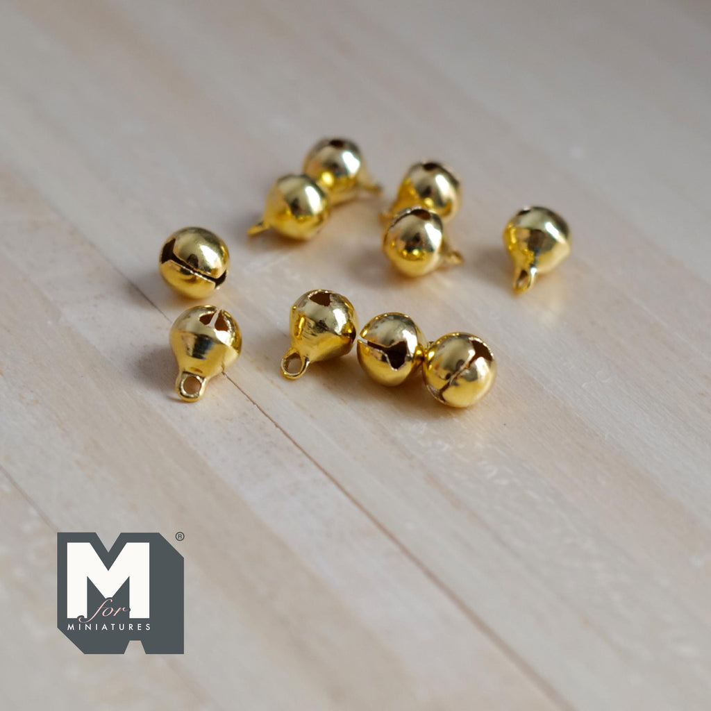 1:12 Scale Miniature Globe Bells Set of 10, Craft Charms with String, Metal Plated, 5/16 inch dia.