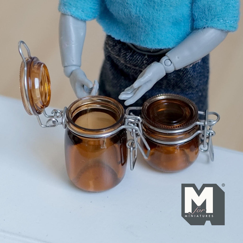 Miniature Swing Top Jars 1:12 Scale Dollhouse Kitchen Large Size Clamp Lid Flip Top Storage Canisters Set of 2 (brown) - A025
