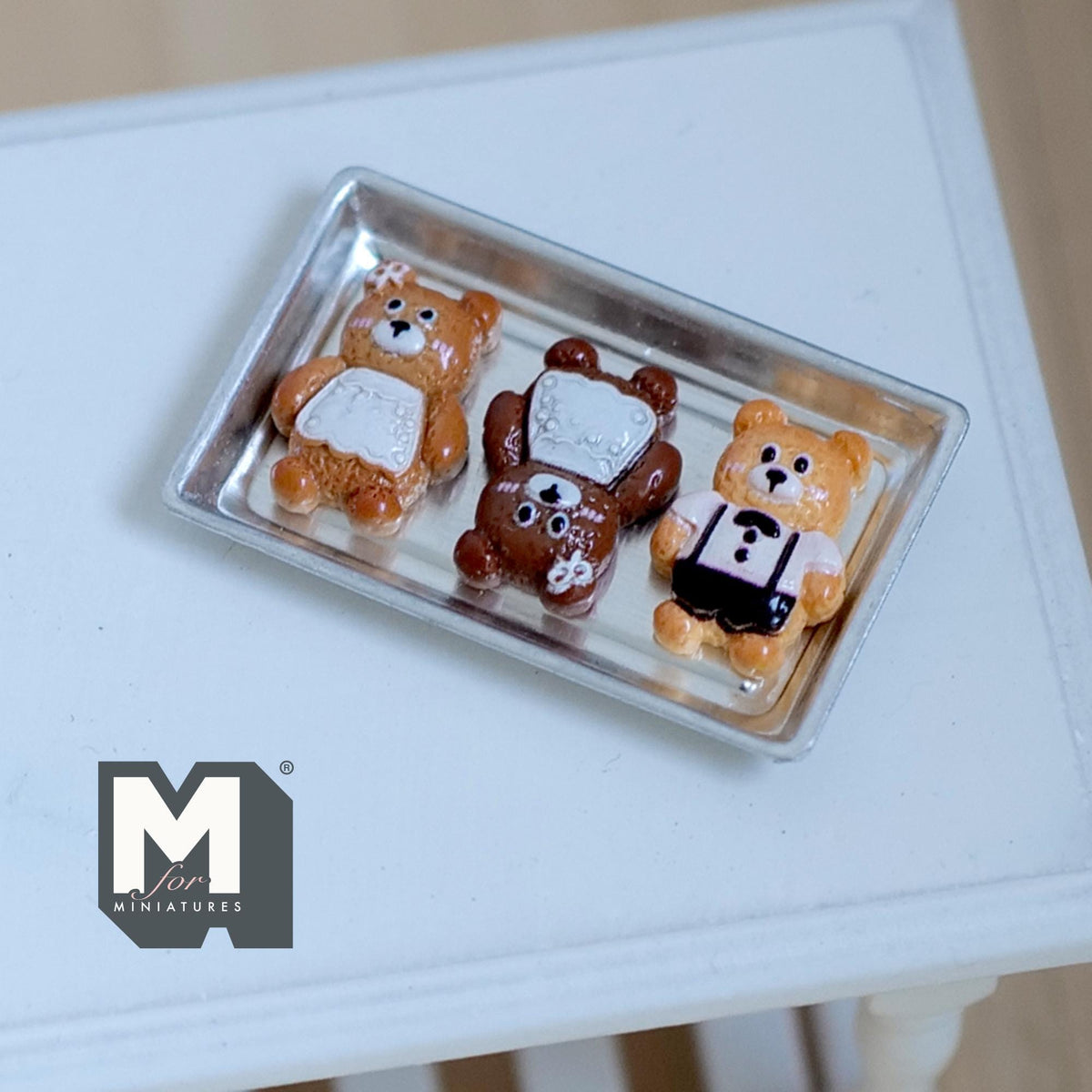 Miniature Bear Cookies and Tray 1:12 Scale Dollhouse Bakery Food Accessories Set of 4 - E062