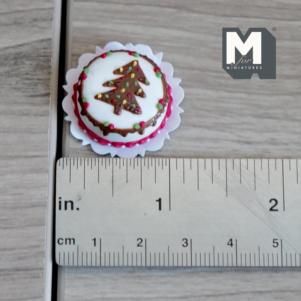 Miniature Christmas Tree Cake 1:12 Scale Dollhouse Festive Dessert Chocolate Cake 7/8 inch dia. (white) - D025