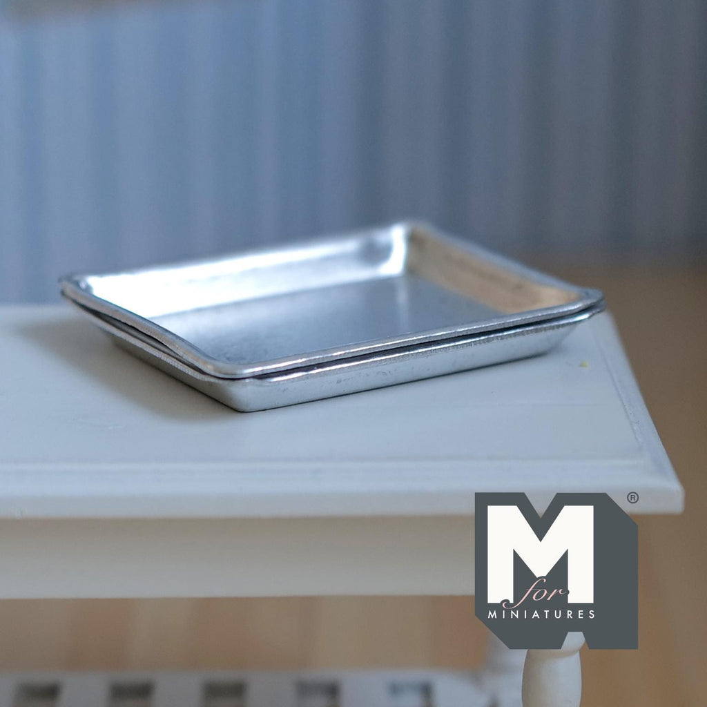 Miniature Aluminum Baking Pans 1:12 Dollhouse Kitchen Accessories Bakery Trays 2 Piece Set 2-1/16 inch long - F028