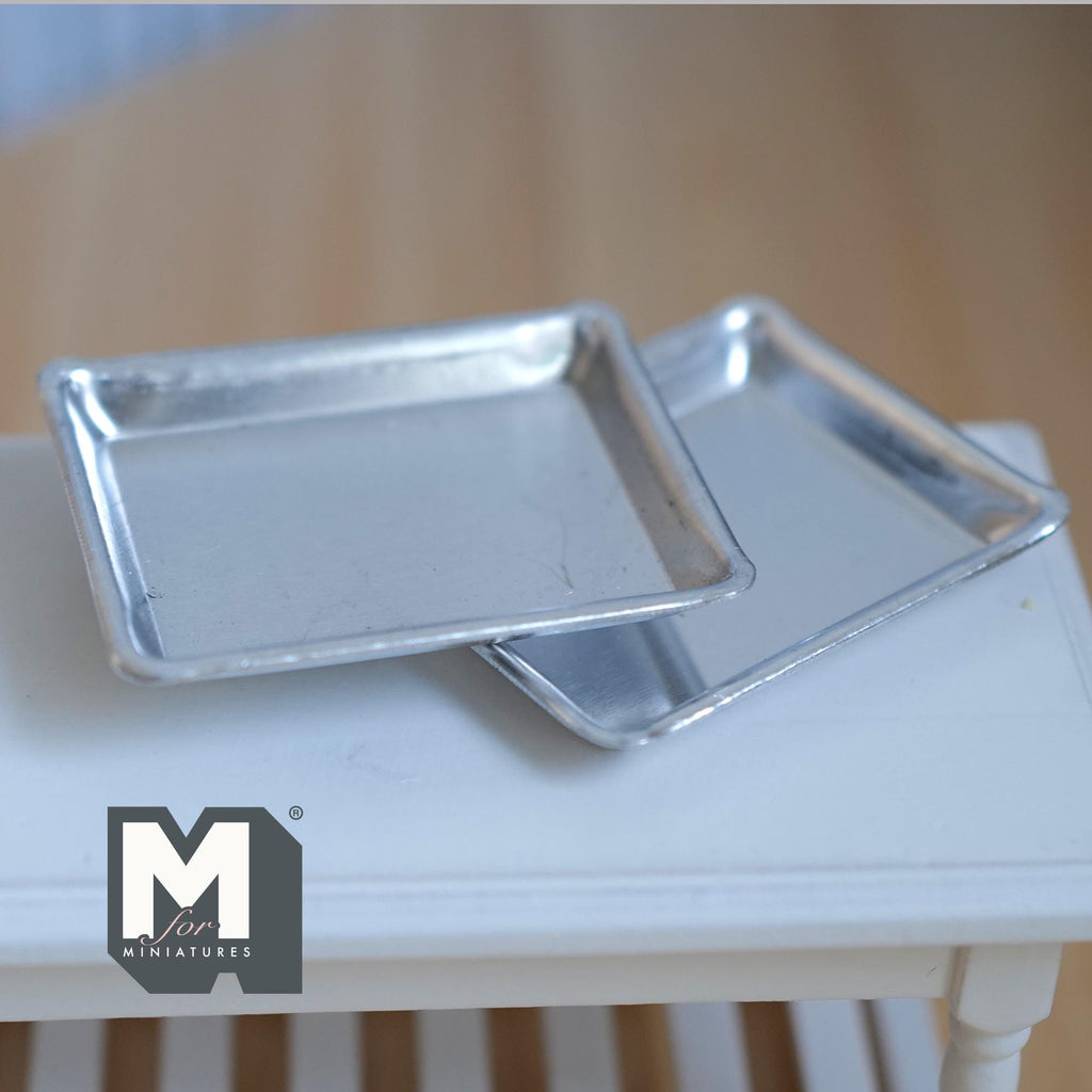 Miniature Aluminum Baking Pans 1:12 Dollhouse Kitchen Accessories Bakery Trays 2 Piece Set 2-1/16 inch long - F028