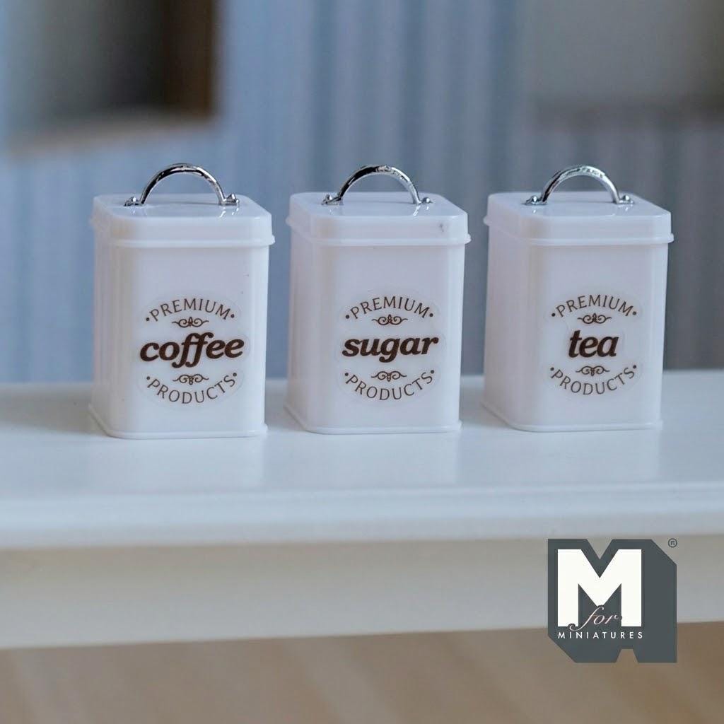 Miniature Canisters with Customizable Vinyl Labels 1:12 Scale Dollhouse Kitchen Storage Jars Set of 3 , 1-1/8 inch tall (white) - G012