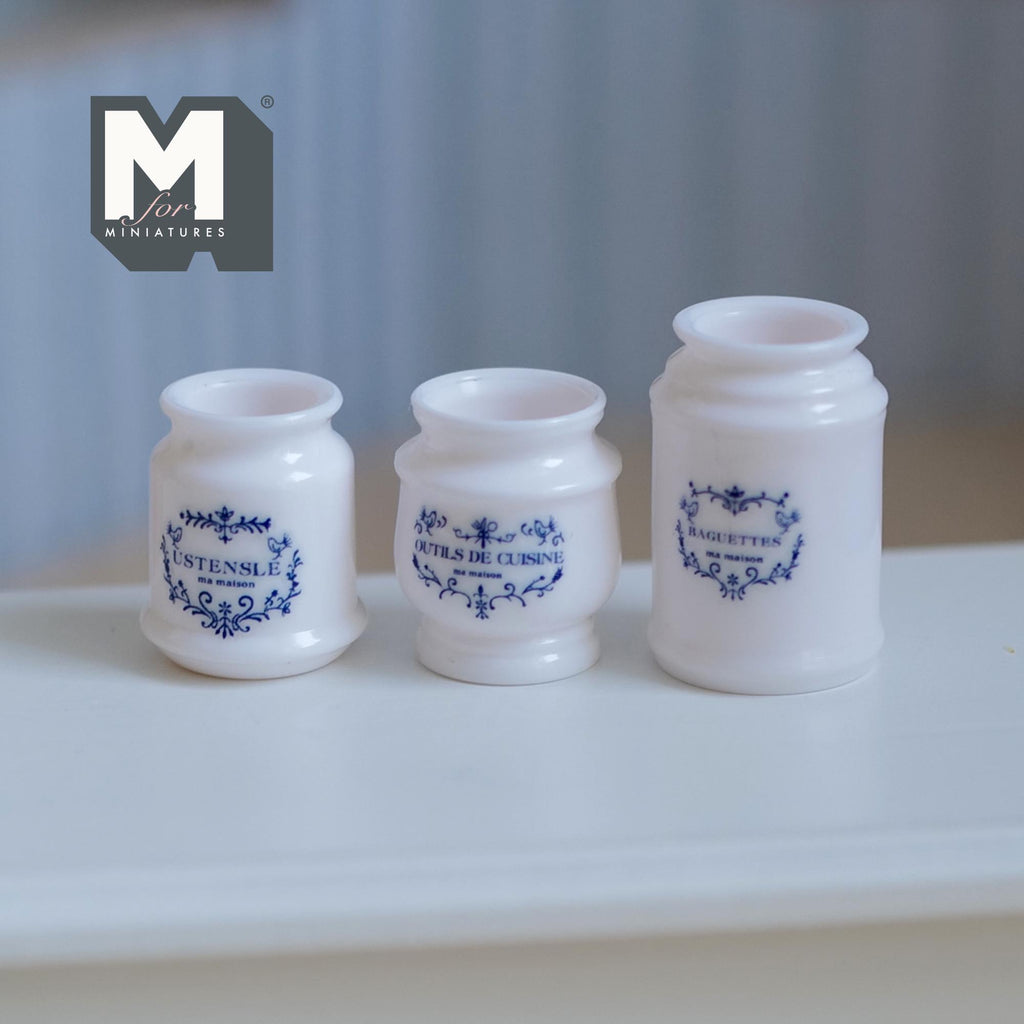 3-Piece Miniature French Kitchen Canister Set 1:12 Scale Dollhouse Accessories Large Size Ceramic Style Jars 11/16 inch dia. (white) - G012