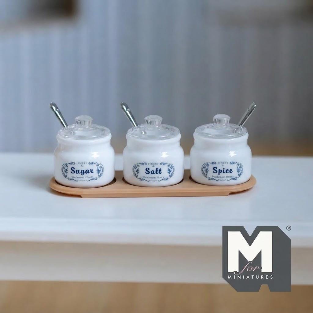 1:12 Scale Miniature Spice Jar Set with Tray | Dollhouse Kitchen Canisters | Sugar, Salt, Spice (white) - E055
