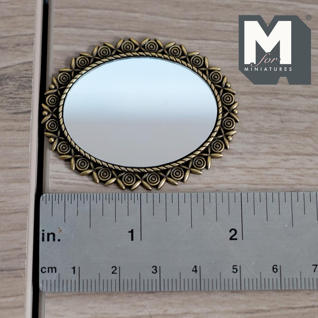 1:12 Scale Miniature Ornate Bronze Oval Mirror Dollhouse Wall Mirror 2 inch tall (metal) - F040