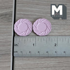1:12 scale miniature swirl rim dinner plates in pink, large, set of 2, spiral fluted edge, shown with a ruler