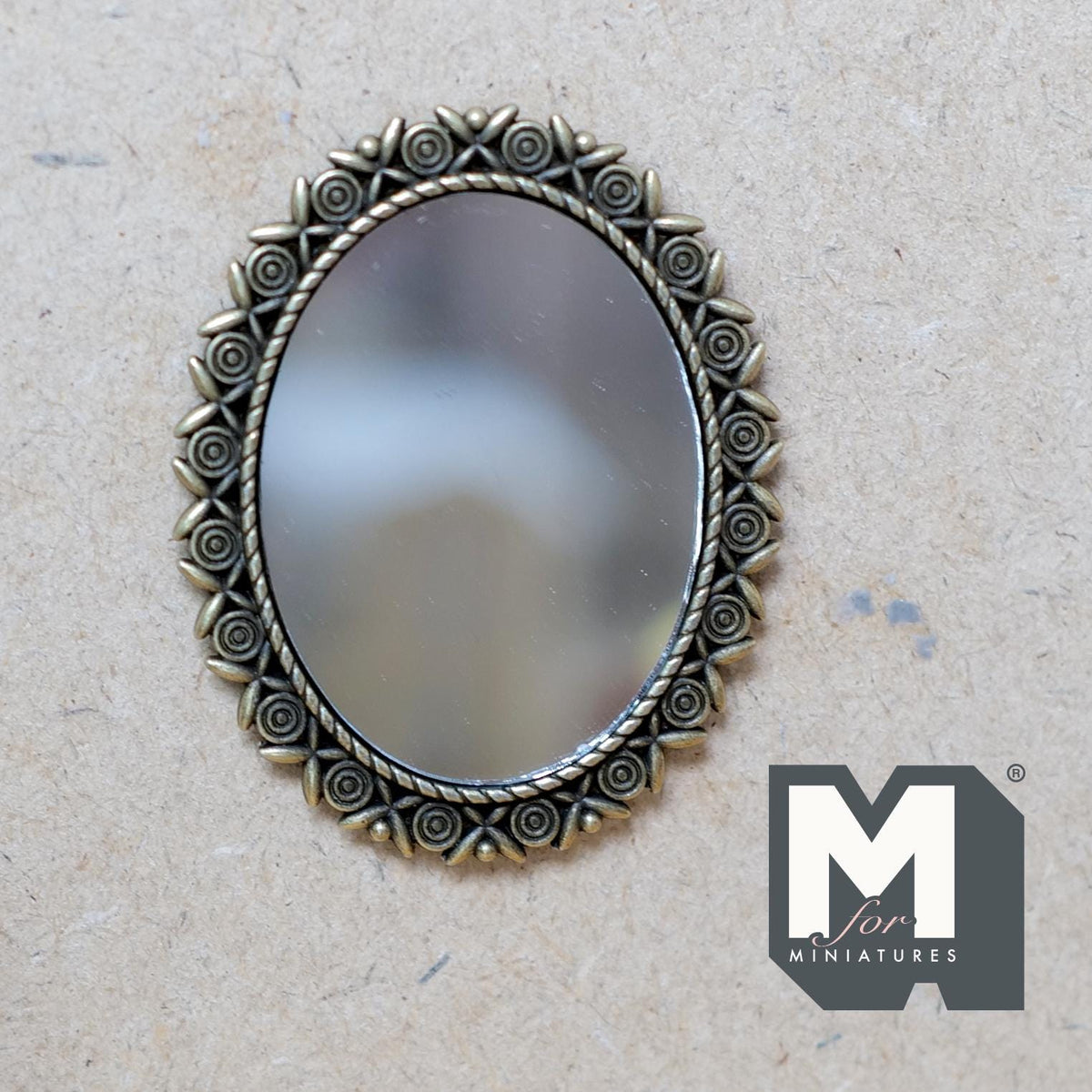 1:12 Scale Miniature Ornate Bronze Oval Mirror Dollhouse Wall Mirror 2 inch tall (metal) - F040