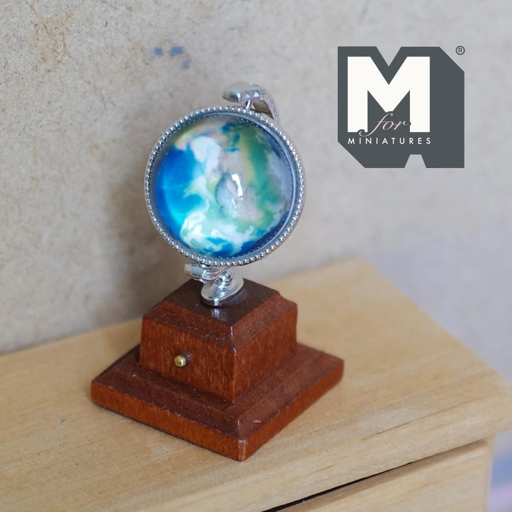 Miniature Spinning Globe with Wooden Base 1:12 Scale Dollhouse Rotating Decor 1-7/8 inch tall (silver) - G051