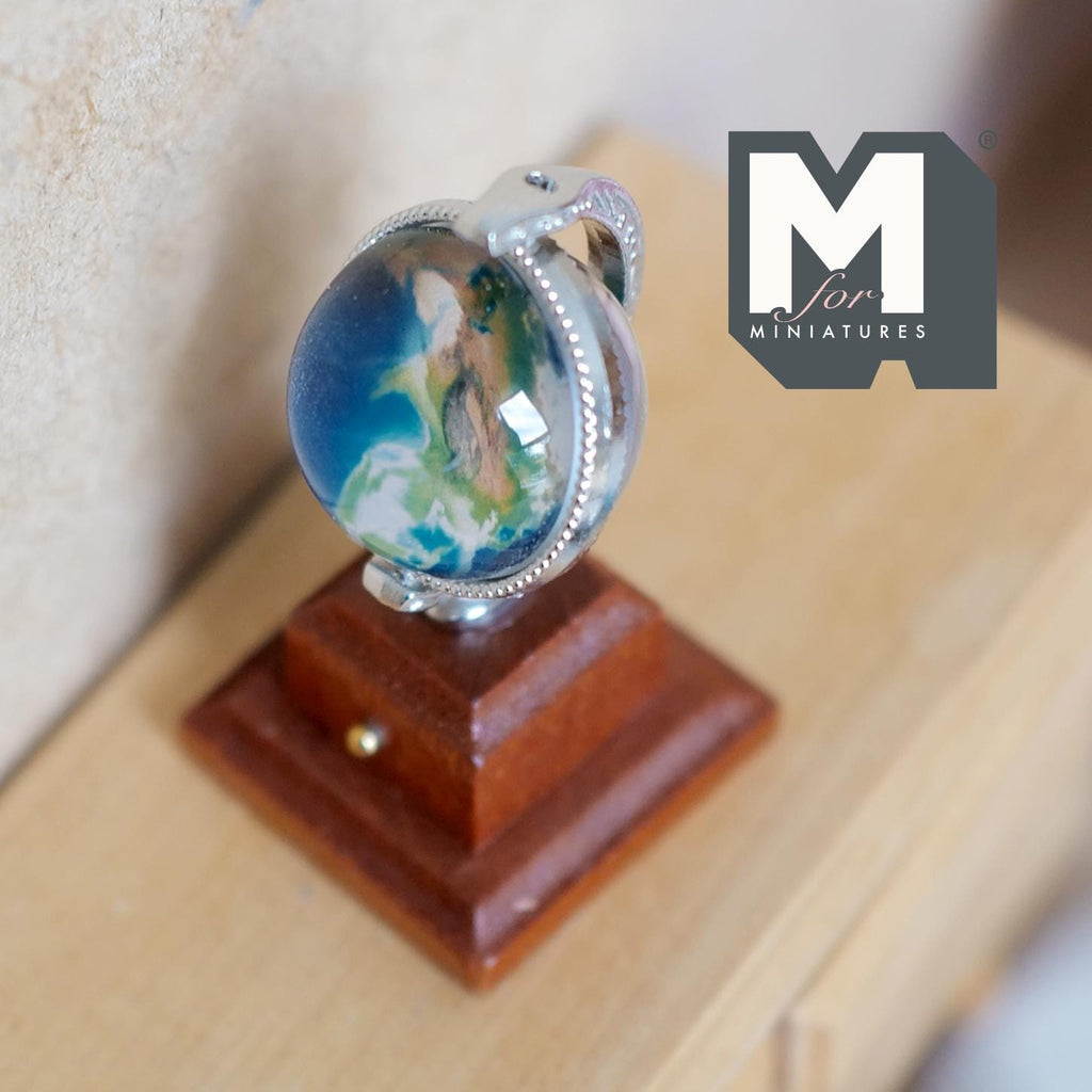 Miniature Spinning Globe with Wooden Base 1:12 Scale Dollhouse Rotating Decor 1-7/8 inch tall (silver) - G051