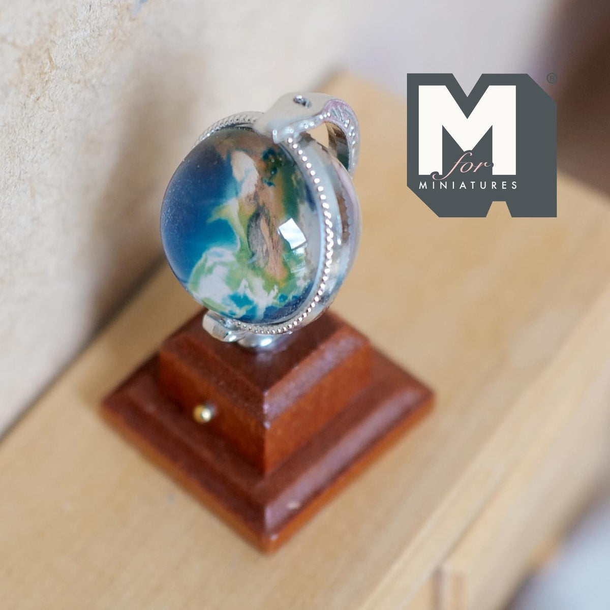 Miniature Spinning Globe with Wooden Base 1:12 Scale Dollhouse Rotating Decor 1-7/8 inch tall (silver) - G051