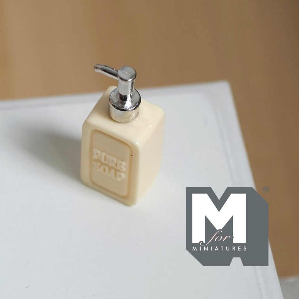 1:12 Scale Miniature Soap Dispenser Dollhouse Bathroom Powder Room Soap Pump Bottle 15/16 inch tall (beige / silver) (plastic) - F042