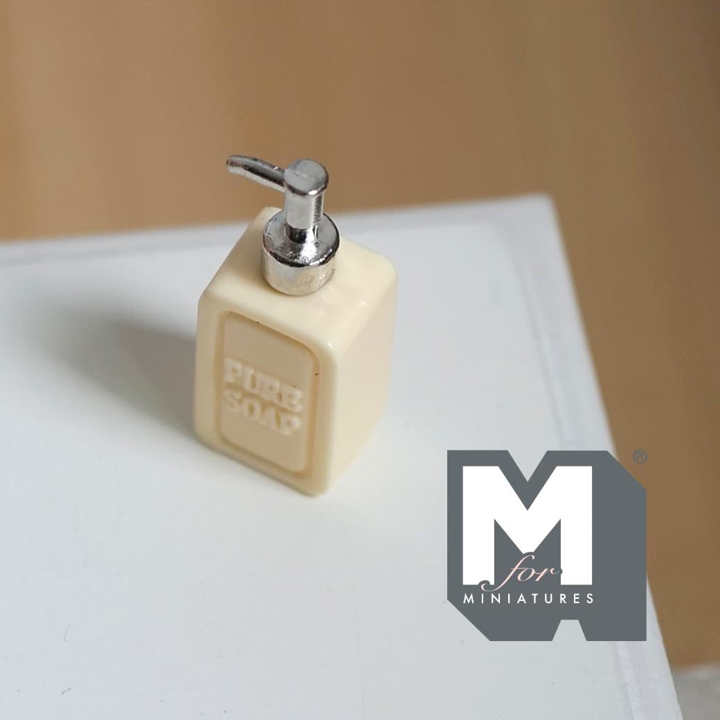 1:12 Scale Miniature Soap Dispenser Dollhouse Bathroom Powder Room Soap Pump Bottle 15/16 inch tall (beige / silver) (plastic) - F042
